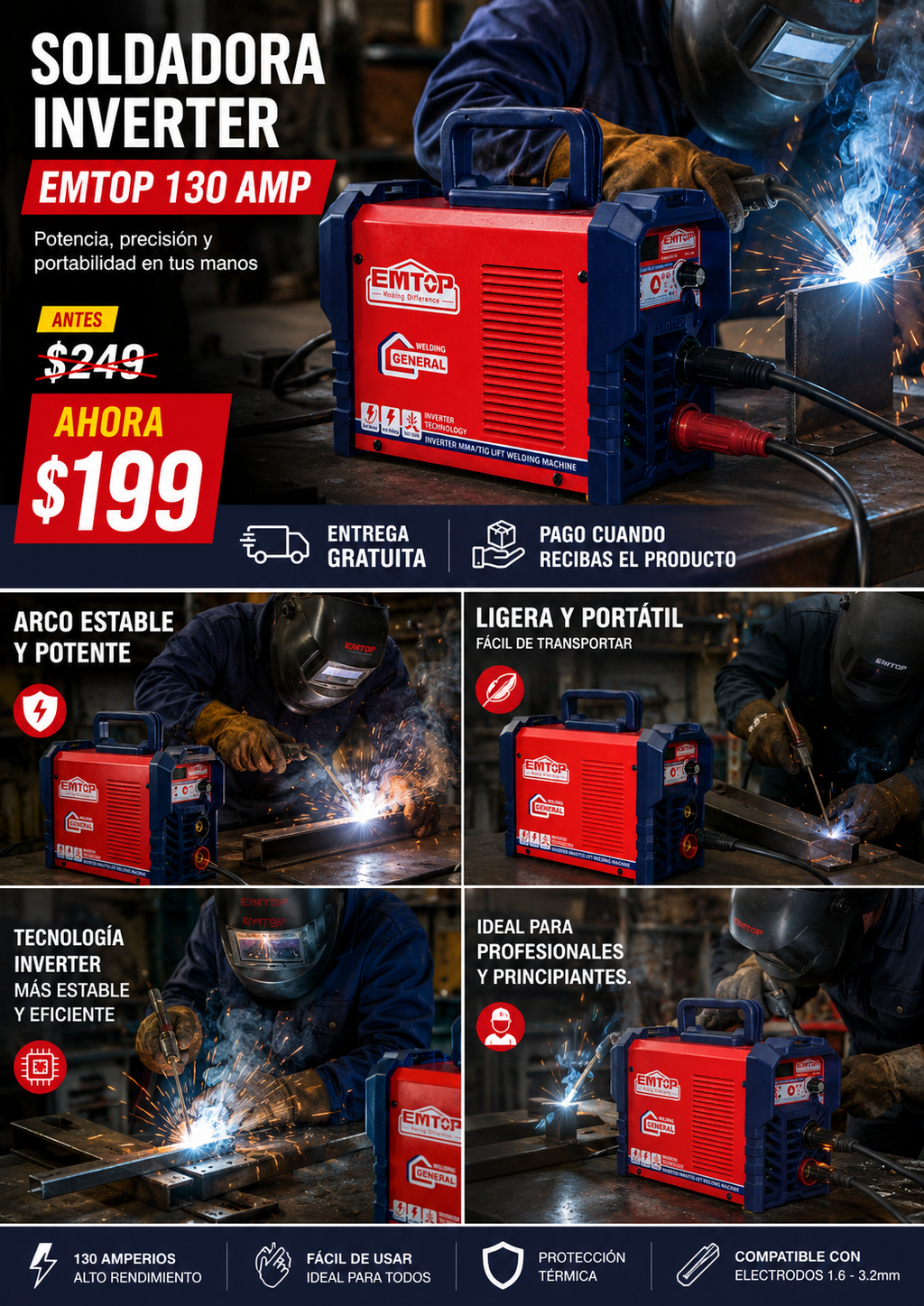 SOLDADORA INVERTER MINI, 130 AMPERIOS
