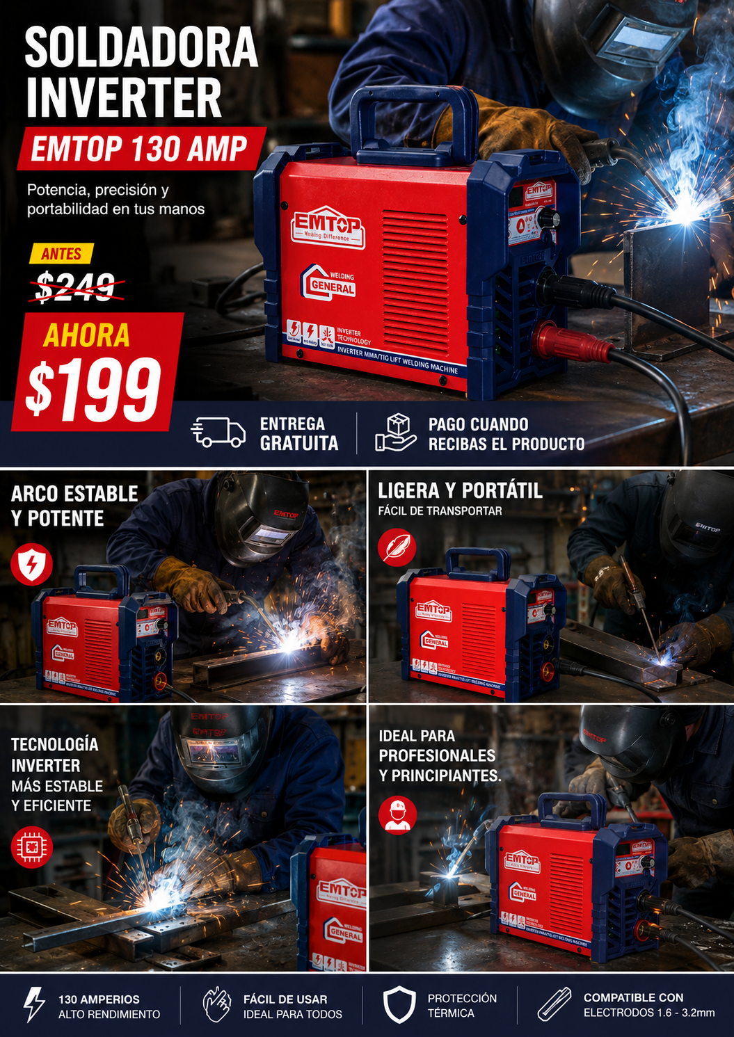 SOLDADORA INVERTER MINI, 130 AMPERIOS